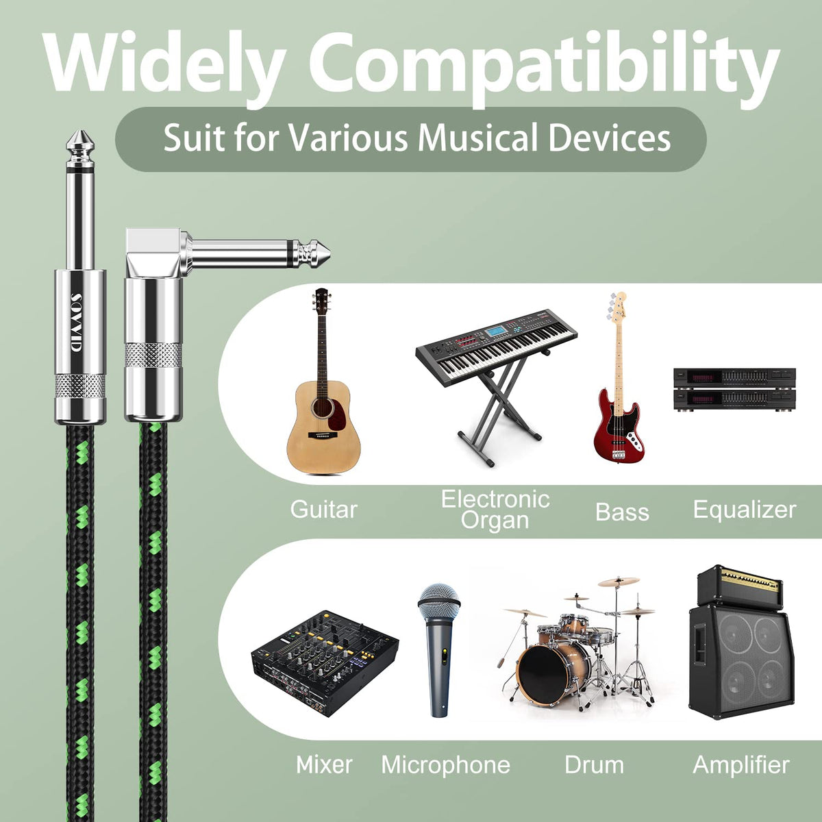 10FT Electric Guitar & Bass Guitar Cable with Right Angle 1/4 Inch Connector S60440