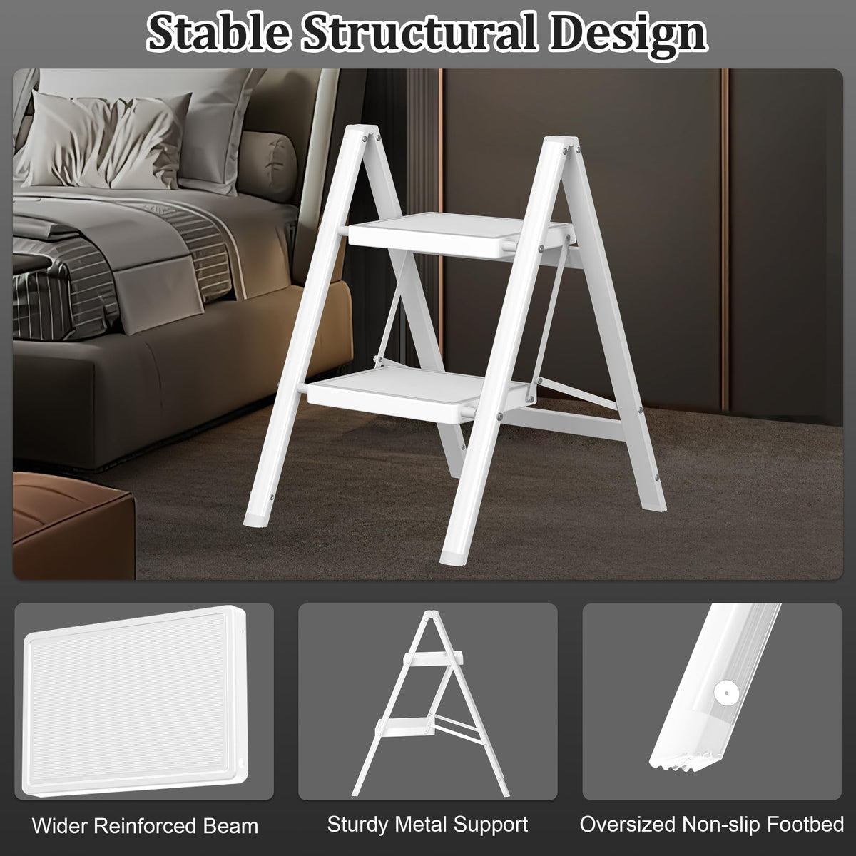 2 Step Folding Steel Ladder 330lbs Capacity White S5814