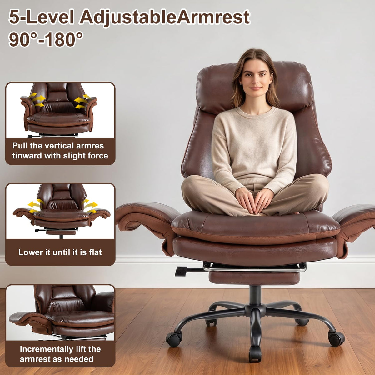 600lbs Big and Tall Brown Leather Office Chair with Footrest J527106