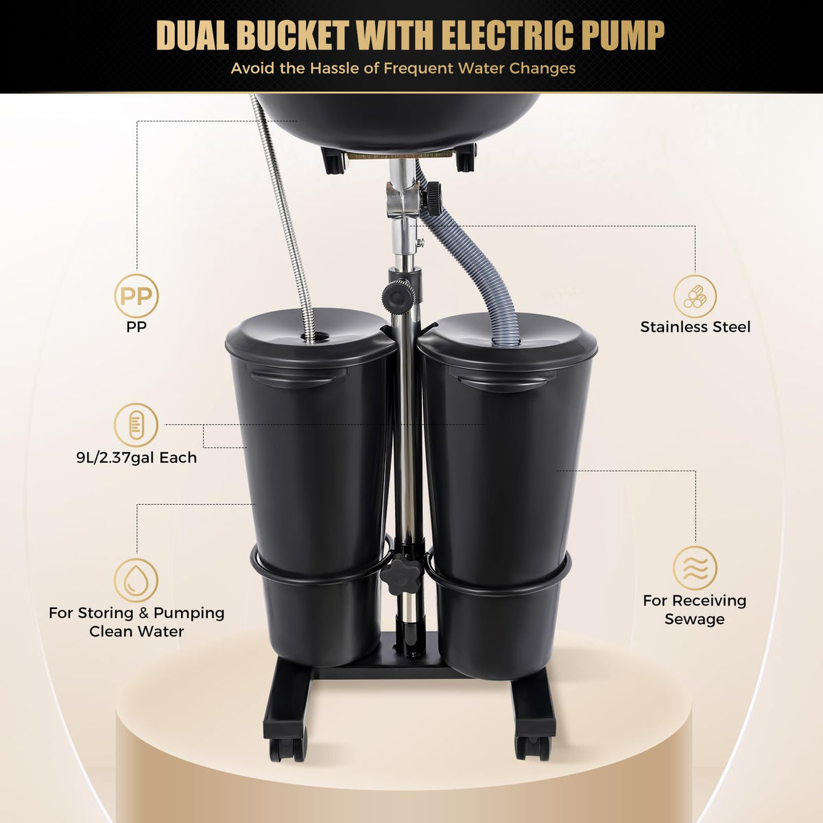 Portable Shampoo Bowl with Dual Buckets and Drain Hoses F180