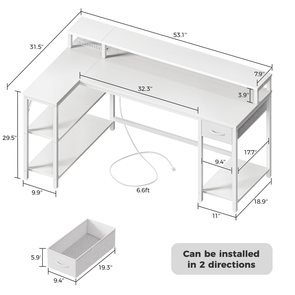 53 inch Reversible L Shaped Desk with LED Lights & Power Outlets G841