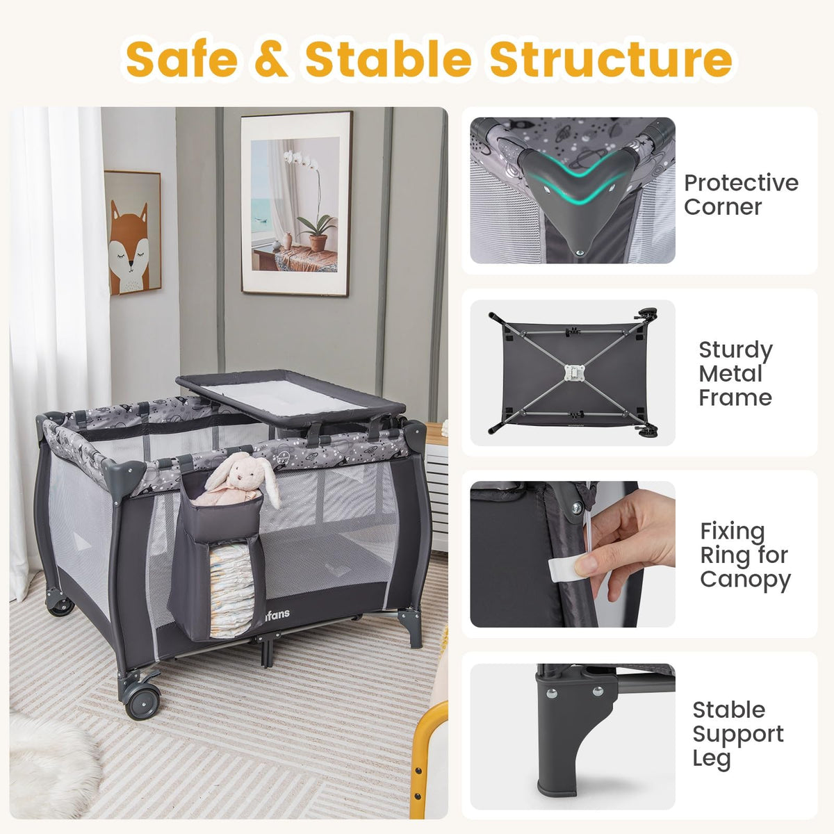 4 in 1 Pack and Play with Bassinet, Changing Table, Storage Basket B114202