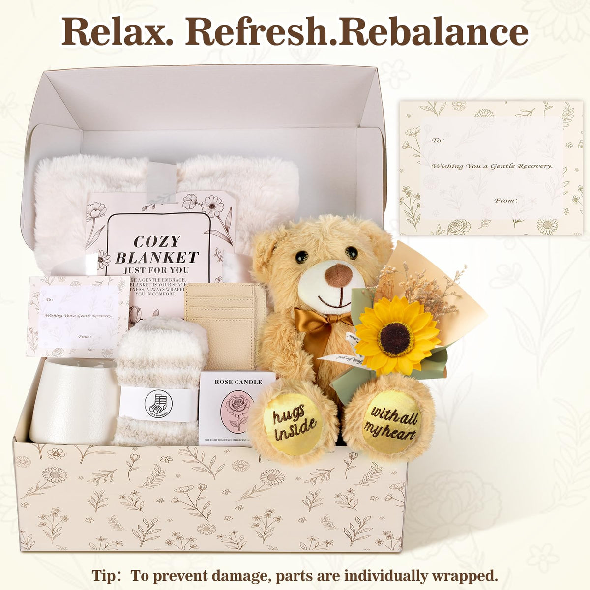 Get Well Soon Gift Basket with Blanket, Mug, Teddy Bear, Aromatherapy F7938