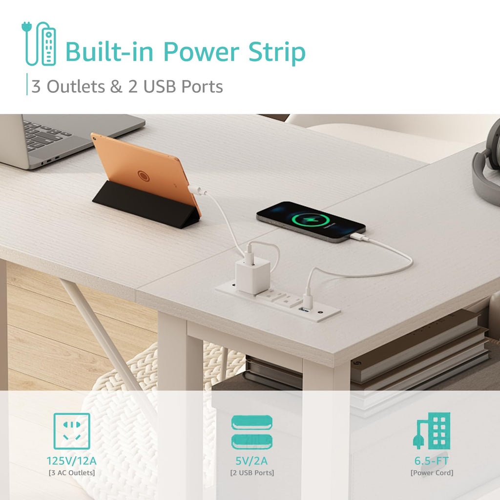 White L Shaped Computer Desk with Drawers and Storage Shelves, 47 Inch Reversible Corner Desk with Power Outlet K77526