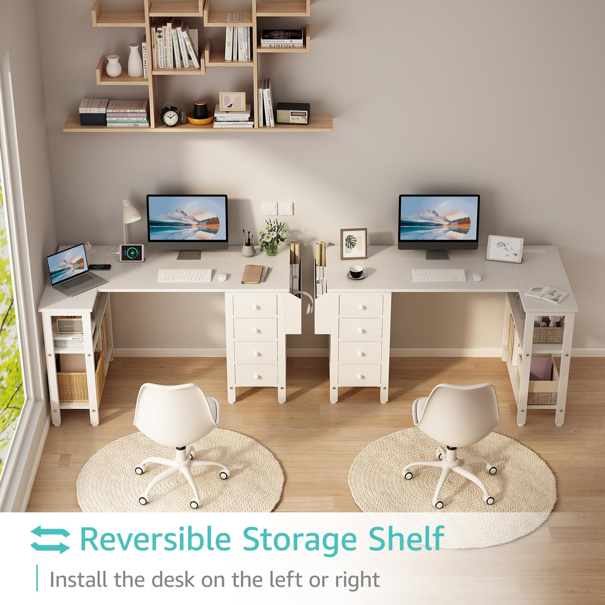 White L Shaped Computer Desk with Drawers and Storage Shelves, 47 Inch Reversible Corner Desk with Power Outlet K77526