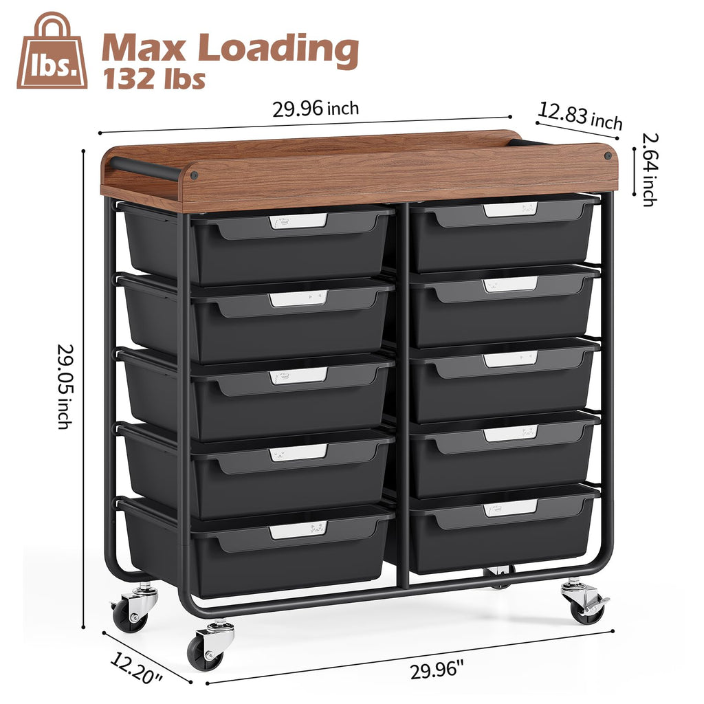 10 Drawer Rolling Storage Cart with Wooden Tabletop P880241