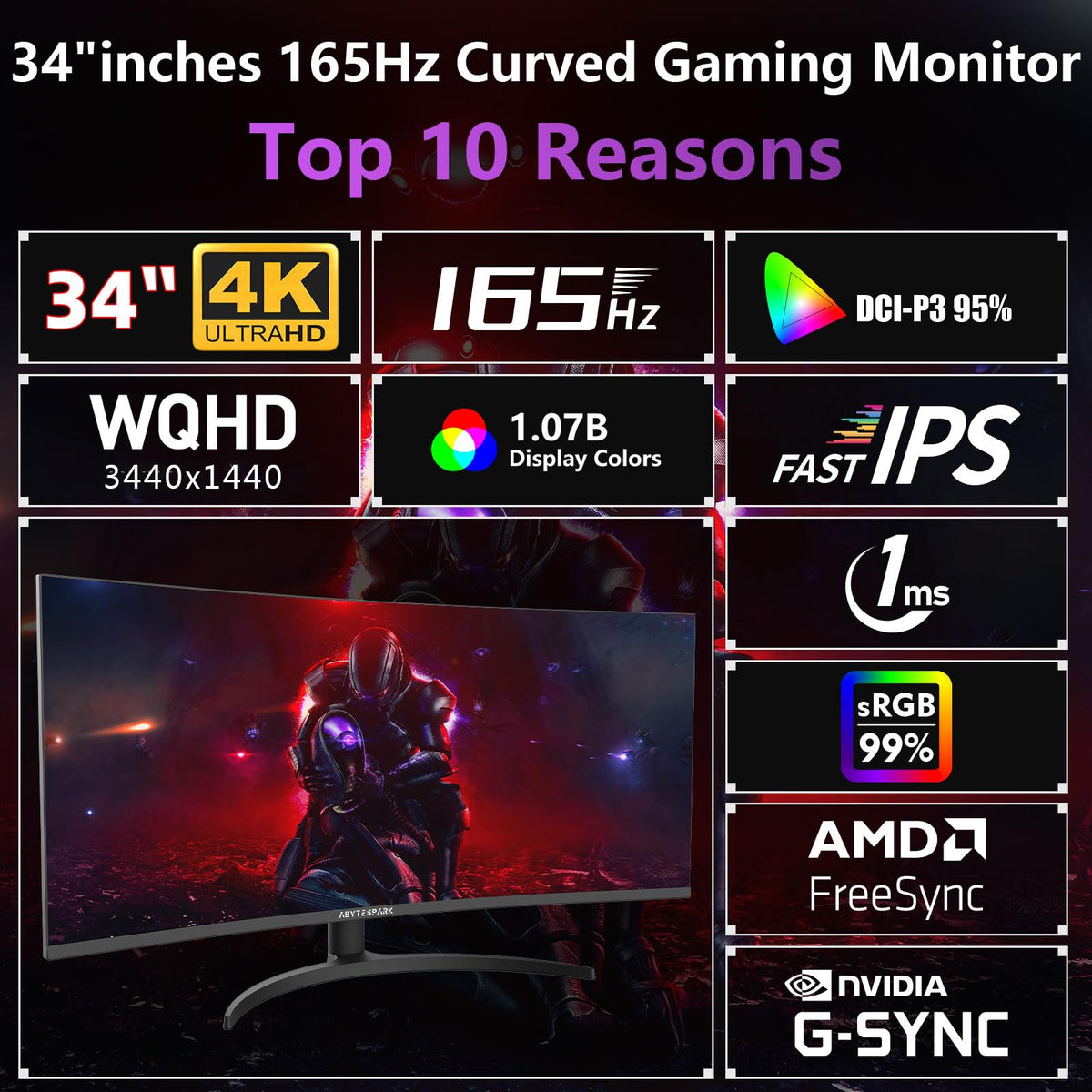34 Inch Curved Ultra Wide WQHD Gaming Monitor 165Hz 1ms HDR400 U926411