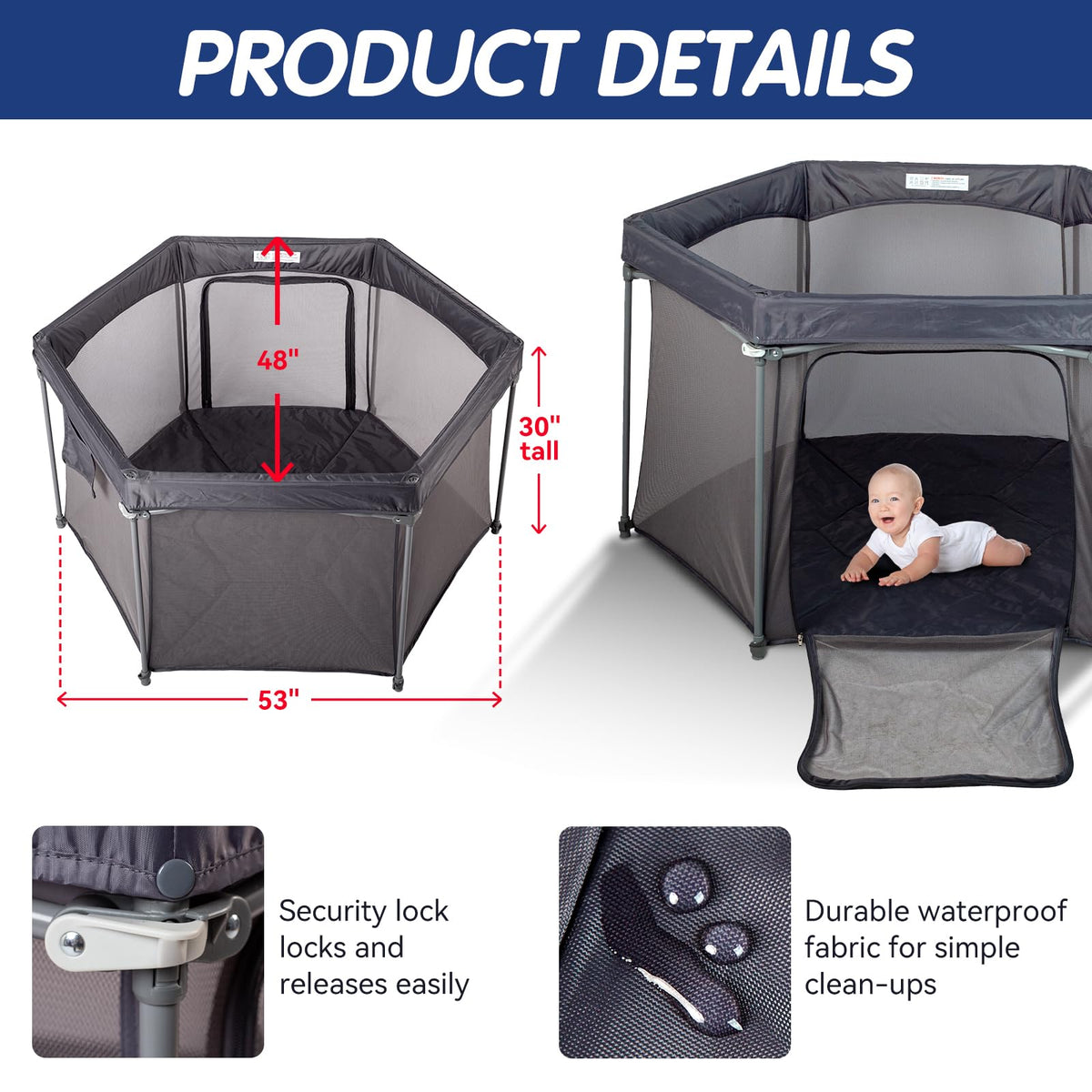 Baby Playpen 53x53 Inch Portable Play Yard with Breathable Mesh Walls Grey I554