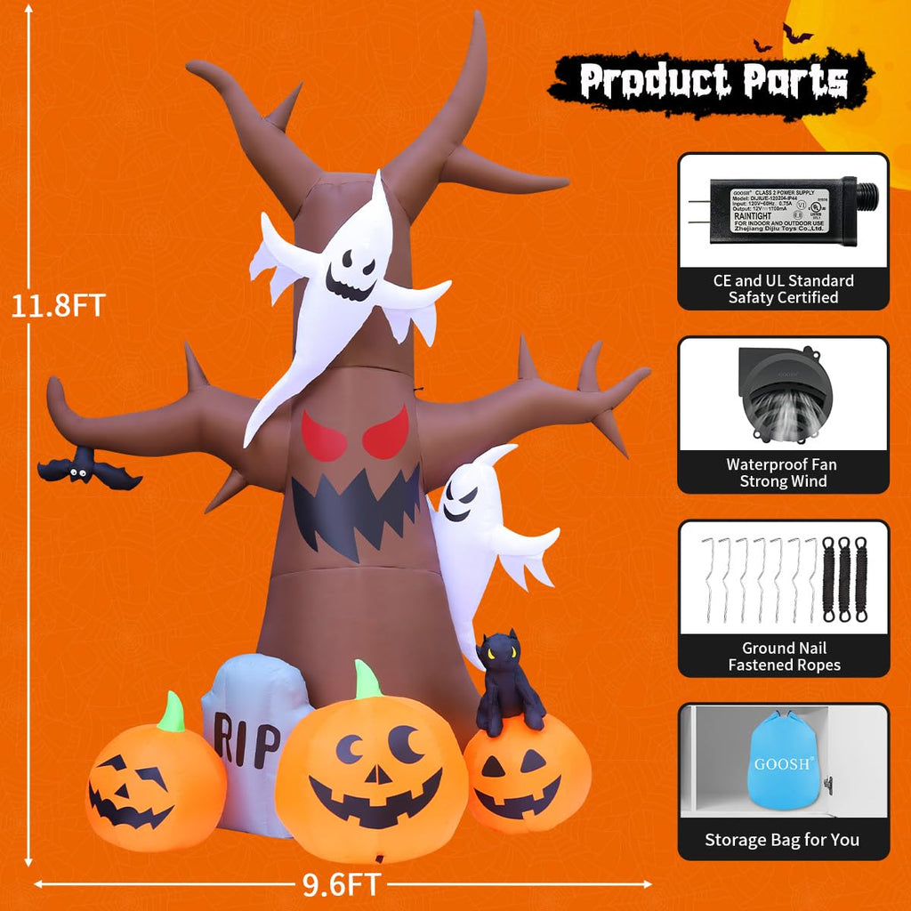12 FT Halloween Inflatable Tree with Pumpkin Ghost Tombstone Built-in LEDs T64304