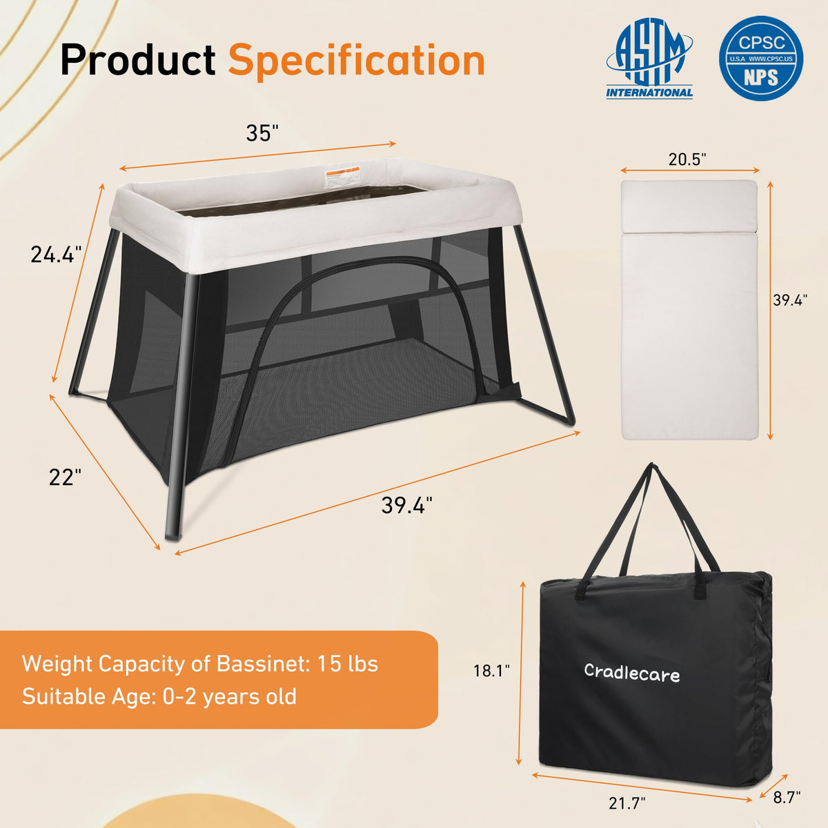 Beige Portable Travel Bassinet J608047