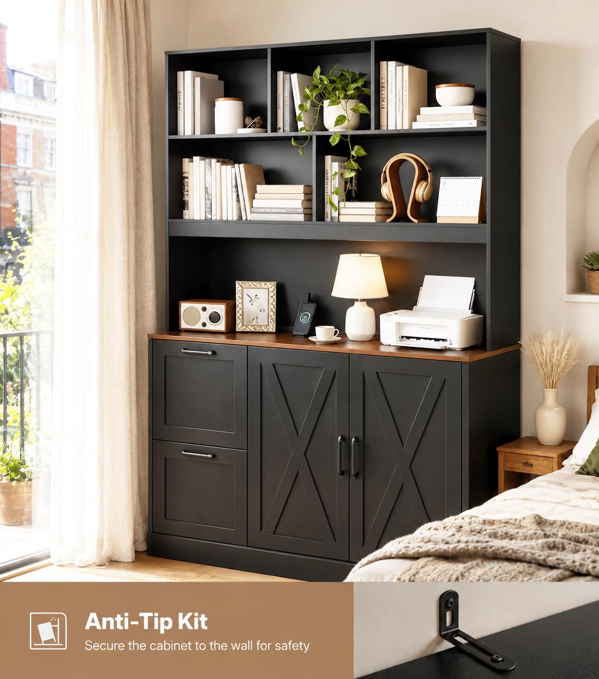 72'' Tall Black Bookshelf with Power Outlet, 2 Drawer File Cabinet, 3-Tier Shelves R35829