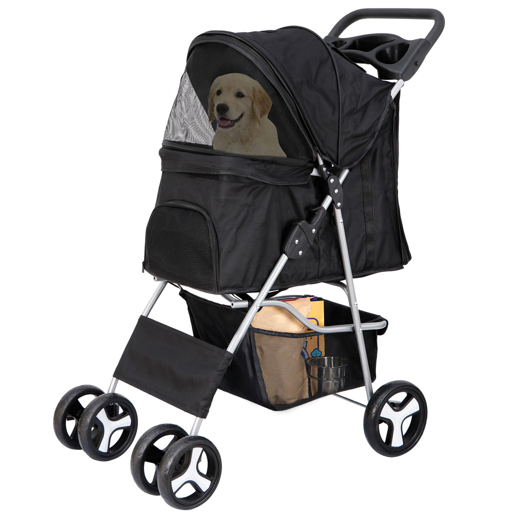 4 Wheels Foldable Pet Stroller with Storage Basket and Cup Holder B56887