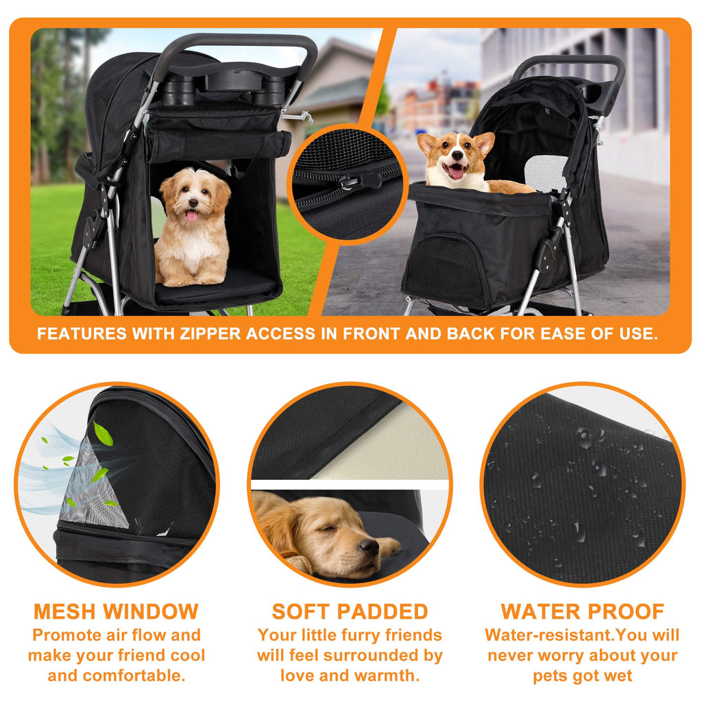 4 Wheels Foldable Pet Stroller with Storage Basket and Cup Holder B56887