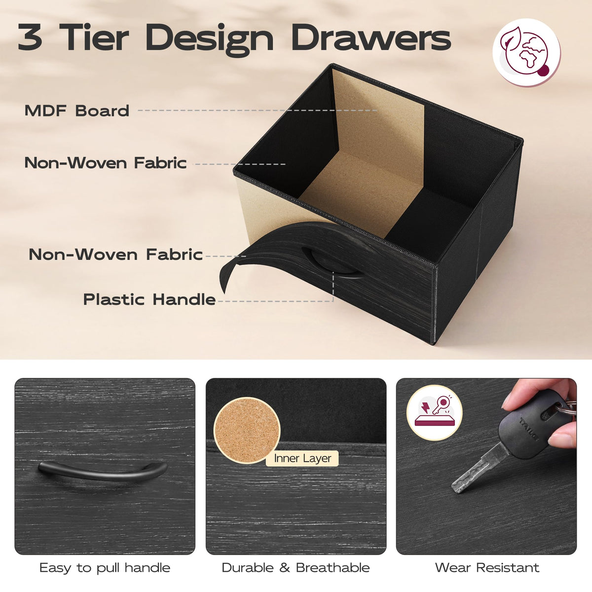 Black 3 Drawer Wood Dresser V177