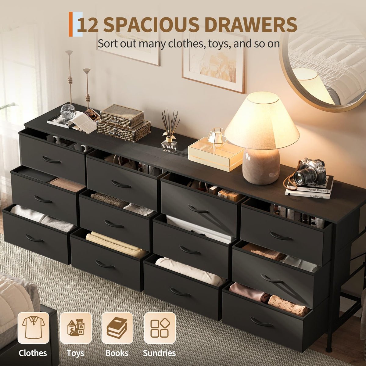 Black 12 Fabric Drawer Dresser with Charging Station G64444