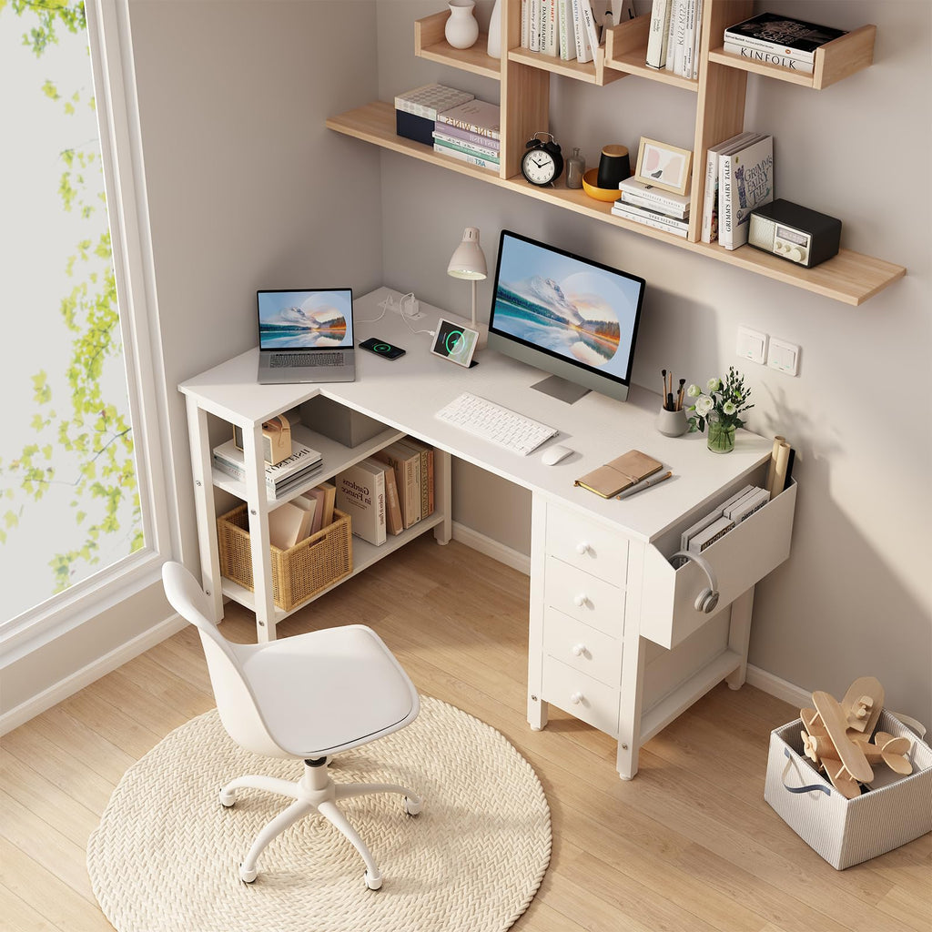 White L Shaped Computer Desk with Drawers and Storage Shelves, 47 Inch Reversible Corner Desk with Power Outlet K77526