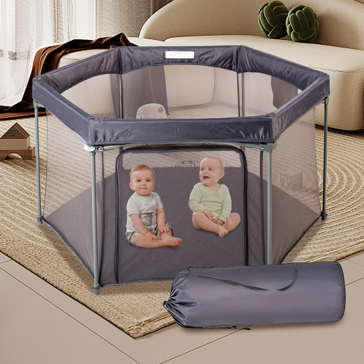 Baby Playpen 53x53 Inch Portable Play Yard with Breathable Mesh Walls Grey I554
