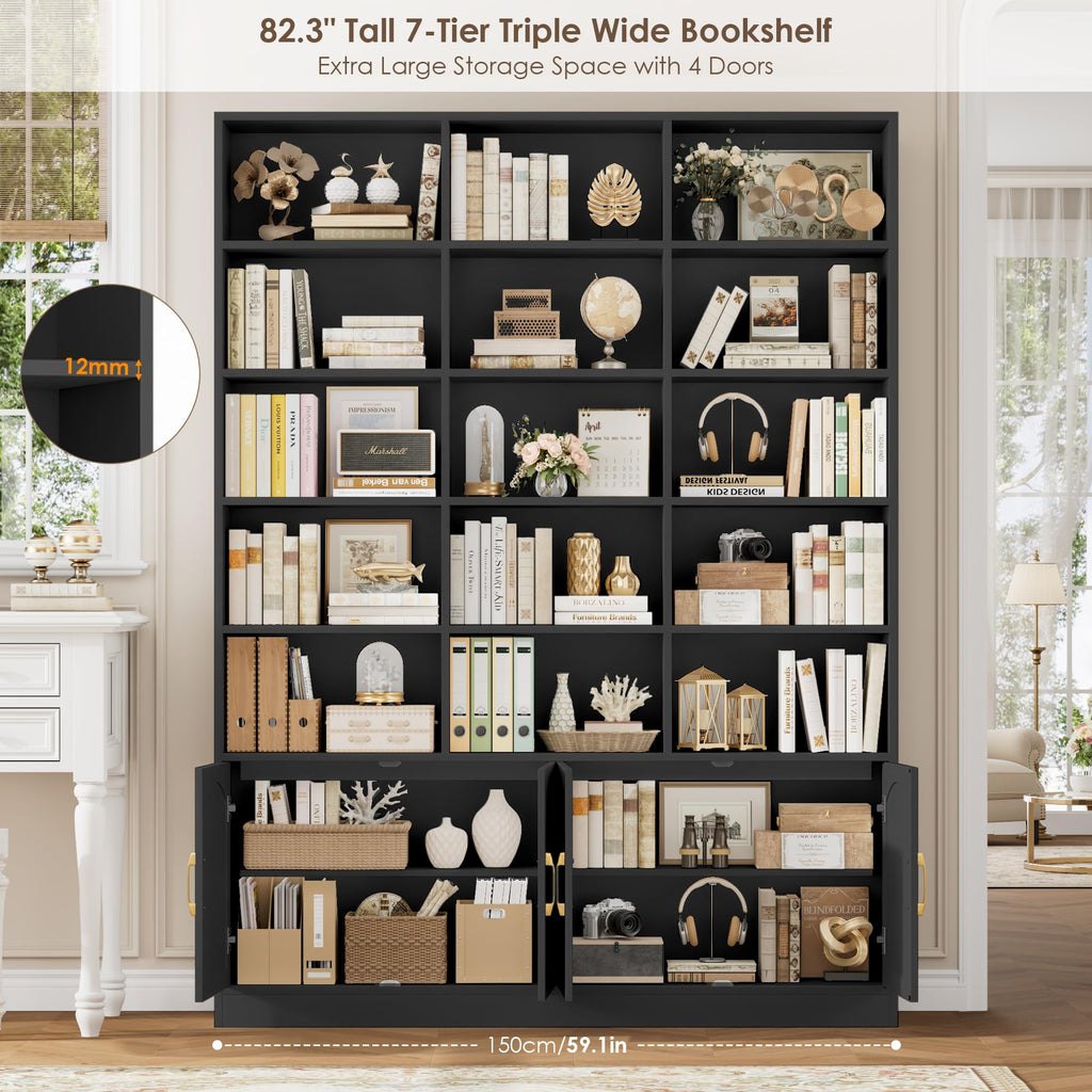 82.3" Triple Wide Bookshelf with 4 Doors, Black A367122