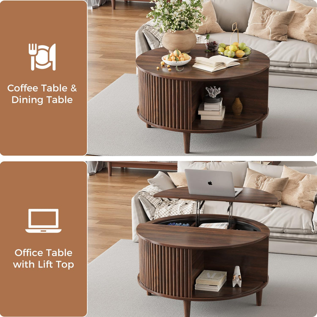 Lift Top Coffee Table with Storage, Fluted Round Center Table with Sliding Cabinet Door, Walnut M41356