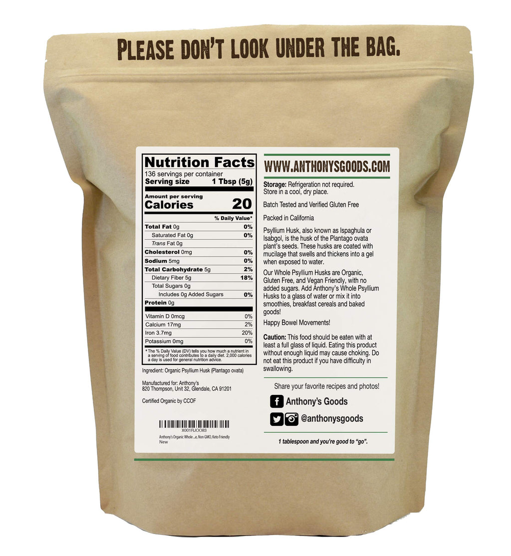 Organic Whole Psyllium Husks, 1.5 lb, Gluten Free Y1131