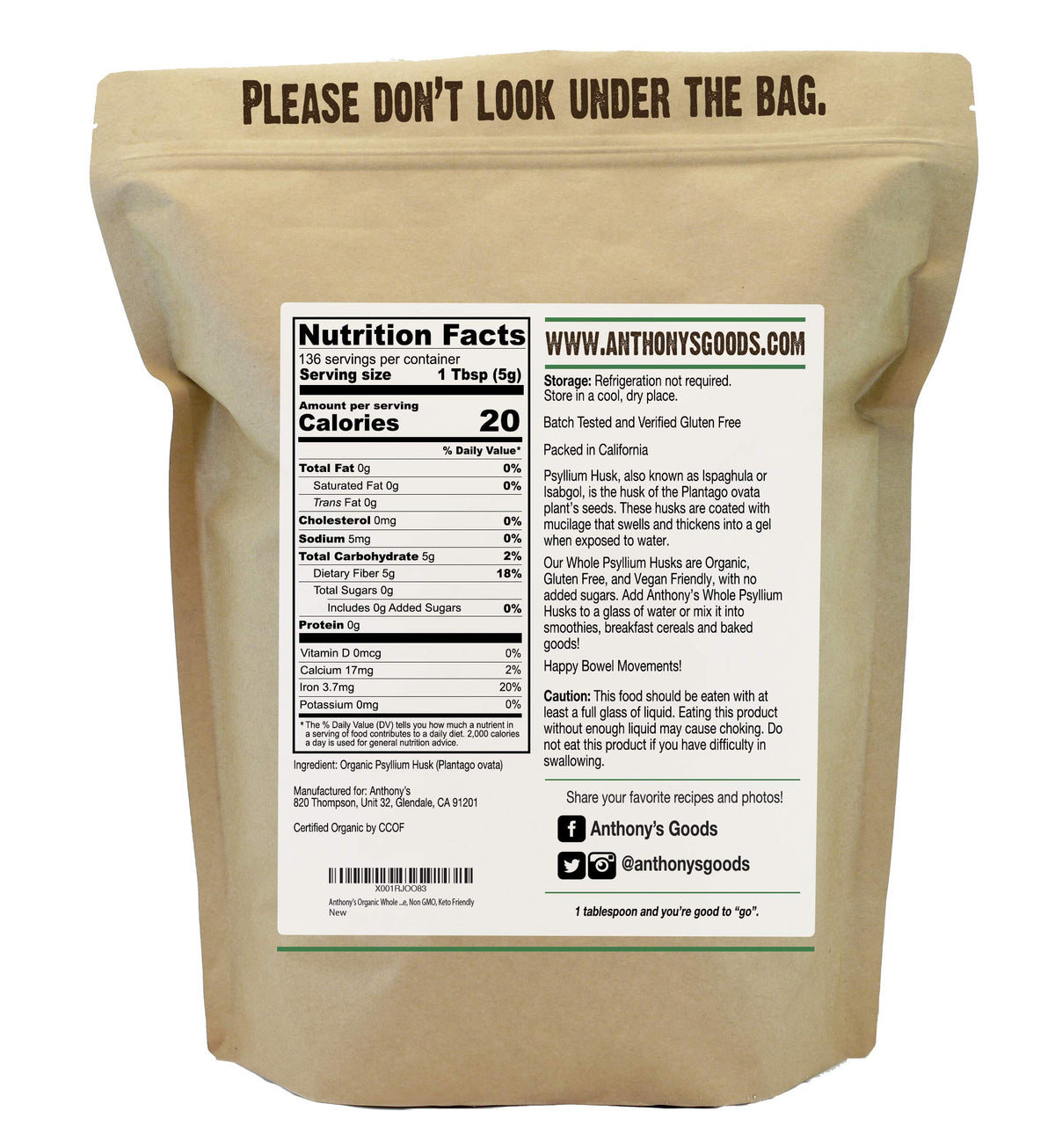 Organic Whole Psyllium Husks, 1.5 lb, Gluten Free Y1131