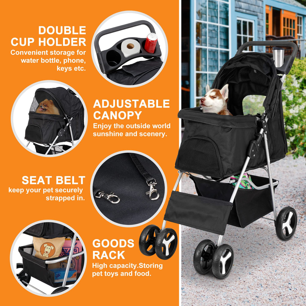 4 Wheels Foldable Pet Stroller with Storage Basket and Cup Holder B56887