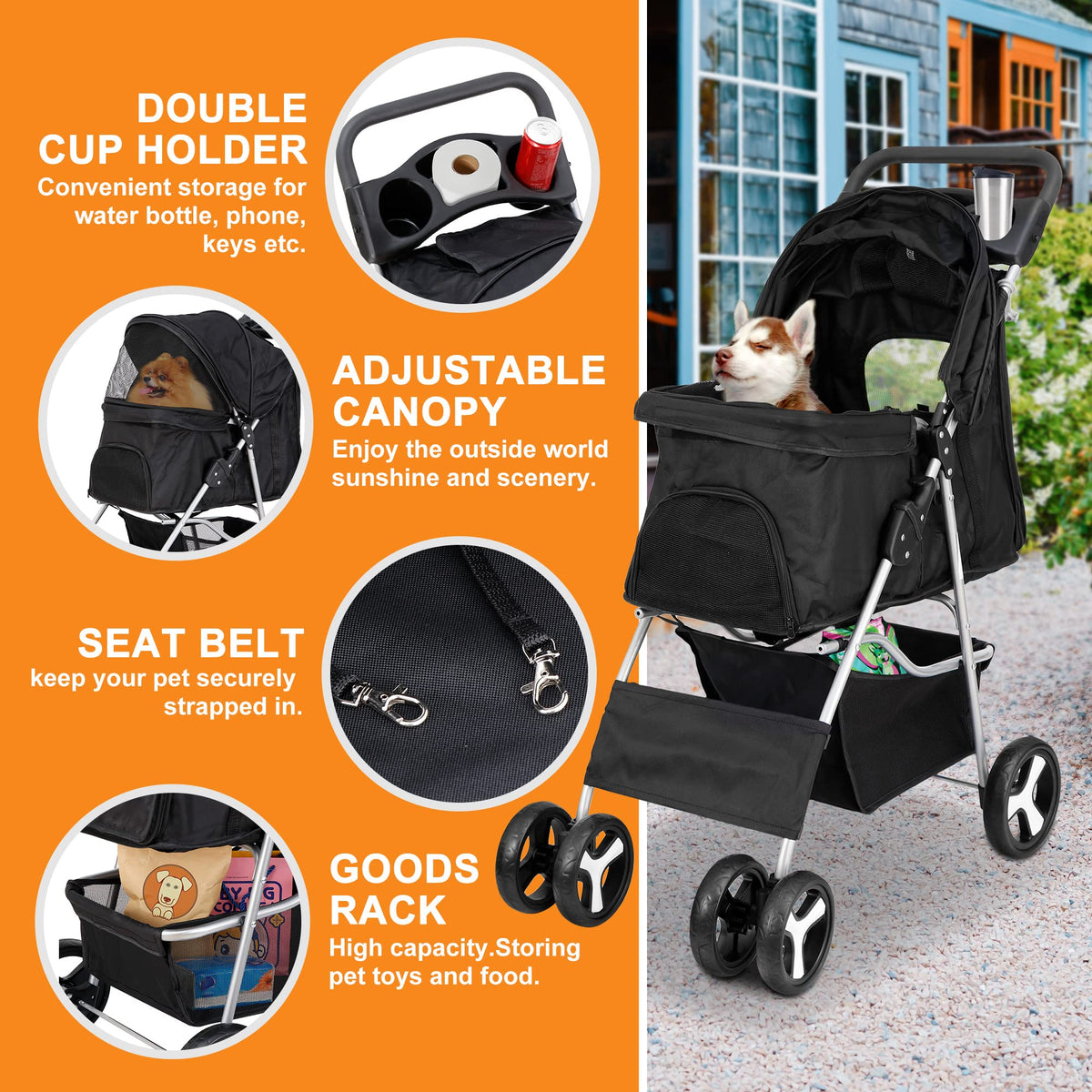 4 Wheels Foldable Pet Stroller with Storage Basket and Cup Holder B56887