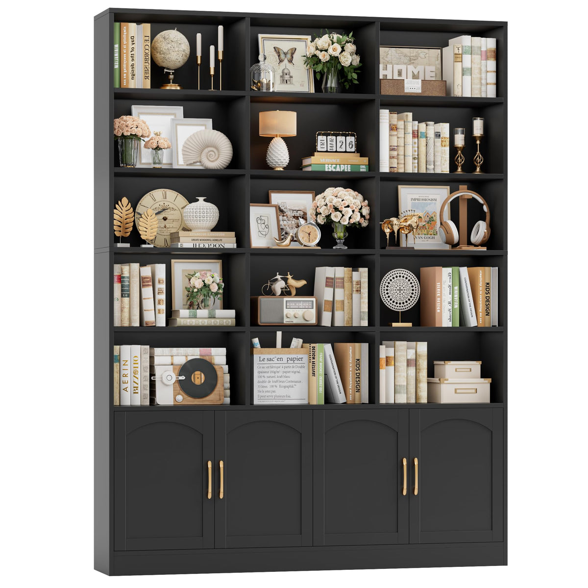 82.3" Triple Wide Bookshelf with 4 Doors, Black A367122