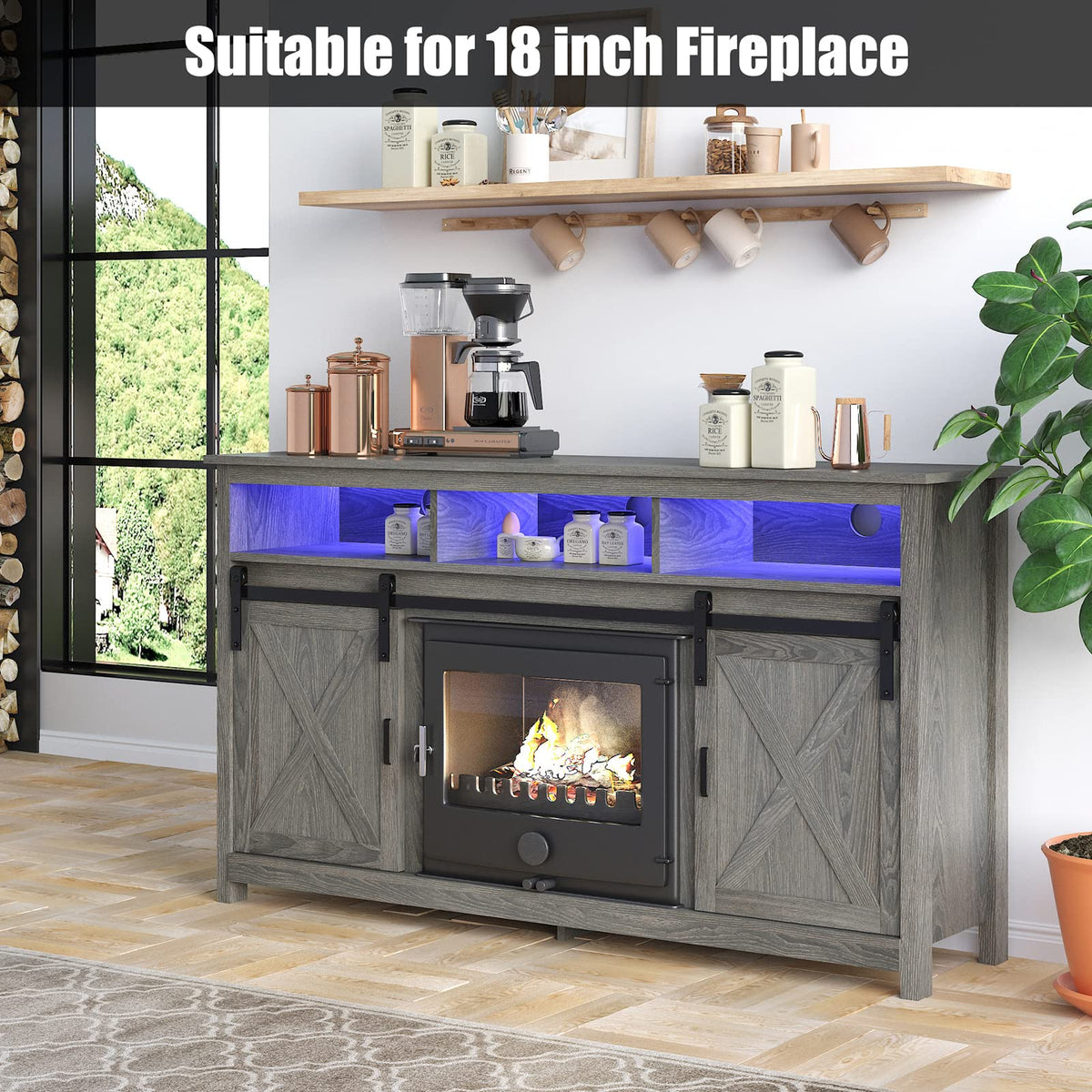 Wash Grey Wooden TV Stand with Sliding Barn Door F81867