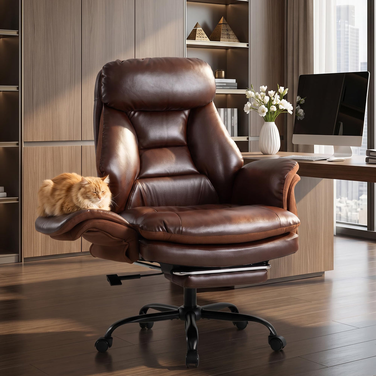 600lbs Big and Tall Brown Leather Office Chair with Footrest J527106