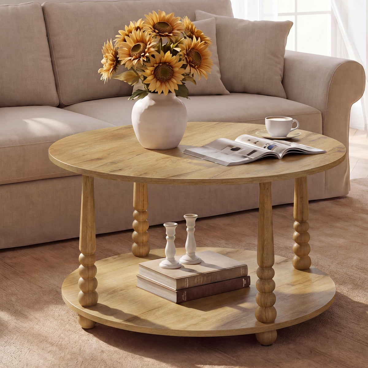 2-Tier Round Coffee Table with Storage Y131