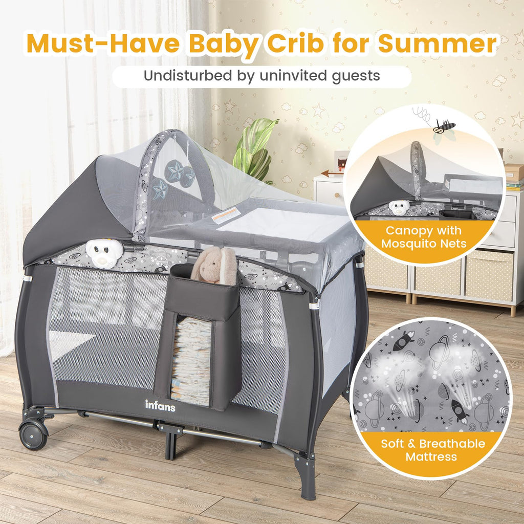 4 in 1 Pack and Play with Bassinet, Changing Table, Storage Basket B114202