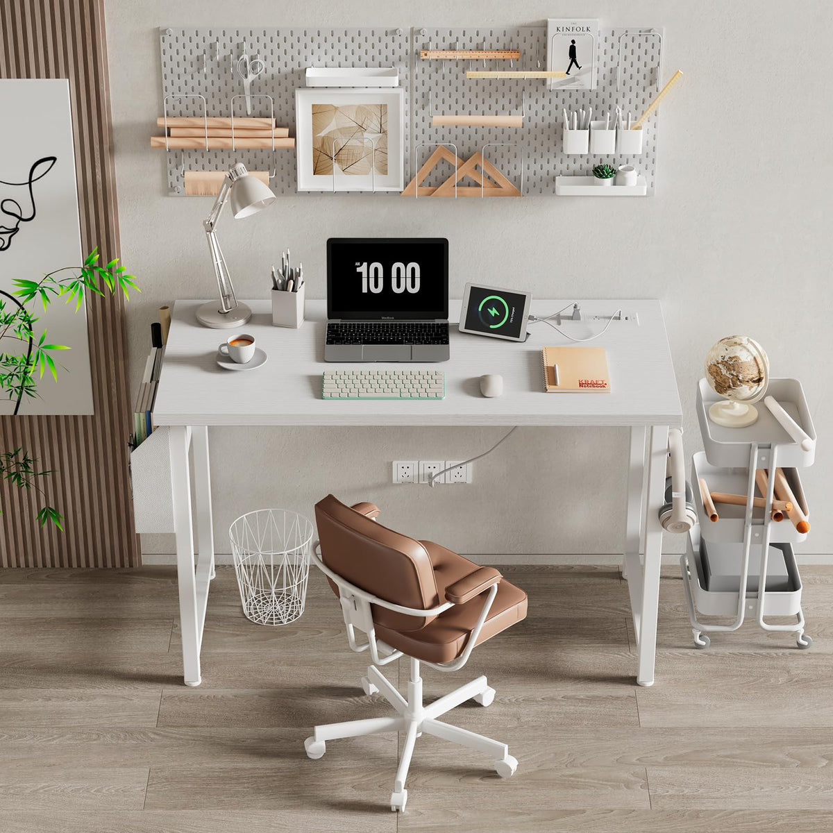 White 40 inch Computer Desk with Power Outlet and Storage Pocket X61234