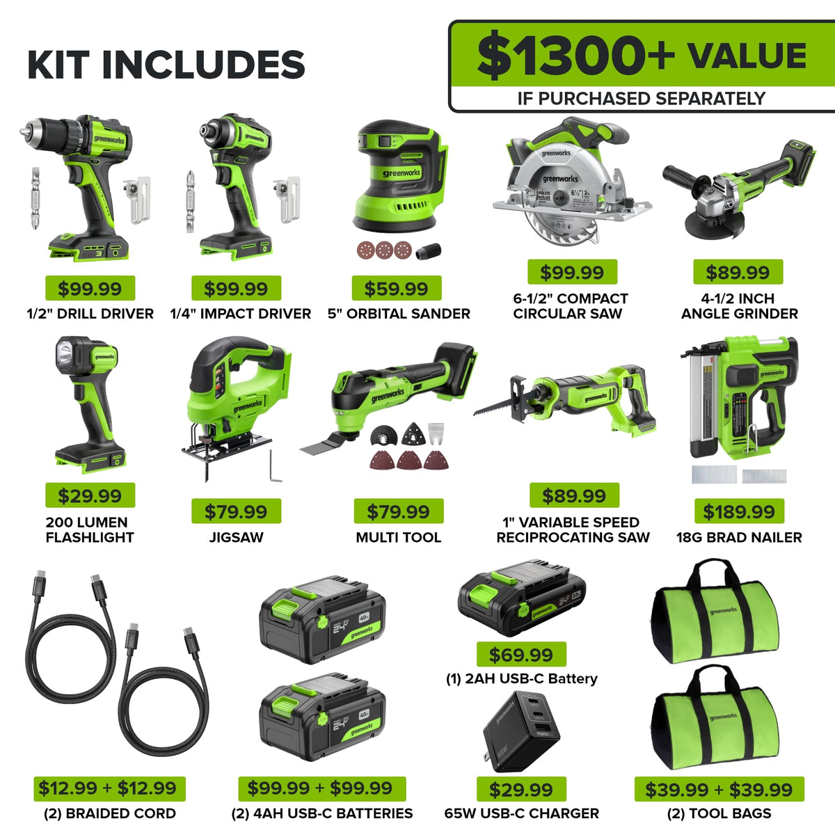24V Brushless 10PC Tool with Batteries and USB-C Charger Z548