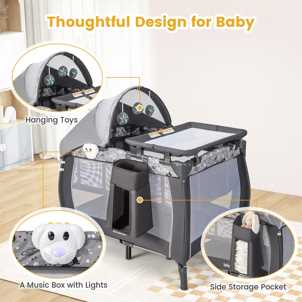 4 in 1 Pack and Play with Bassinet, Changing Table, Storage Basket B114202