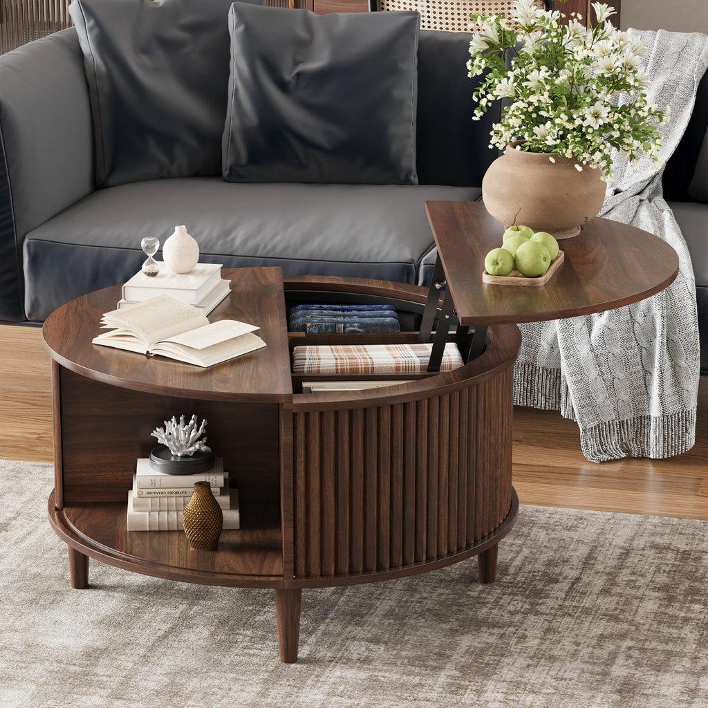 Lift Top Coffee Table with Storage, Fluted Round Center Table with Sliding Cabinet Door, Walnut M41356