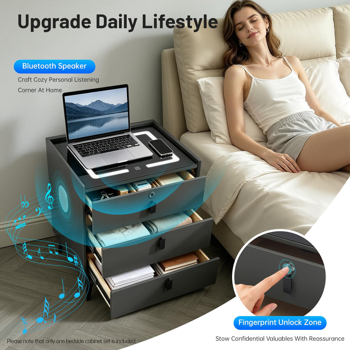 Smart LED Nightstand with Wireless Charging and Fingerprint Lock B52504