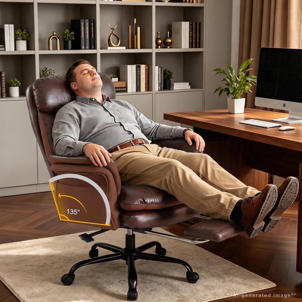 600lbs Big and Tall Brown Leather Office Chair with Footrest J527106