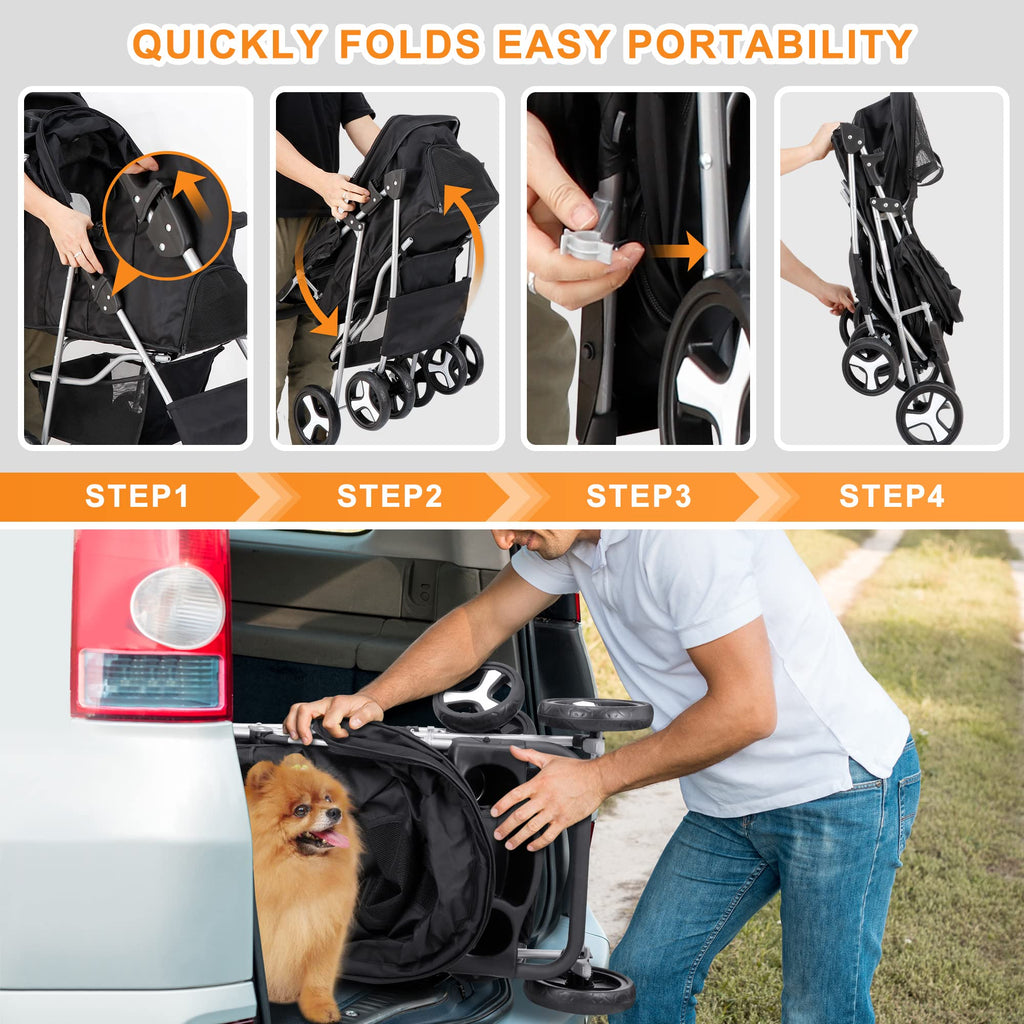 4 Wheels Foldable Pet Stroller with Storage Basket and Cup Holder B56887