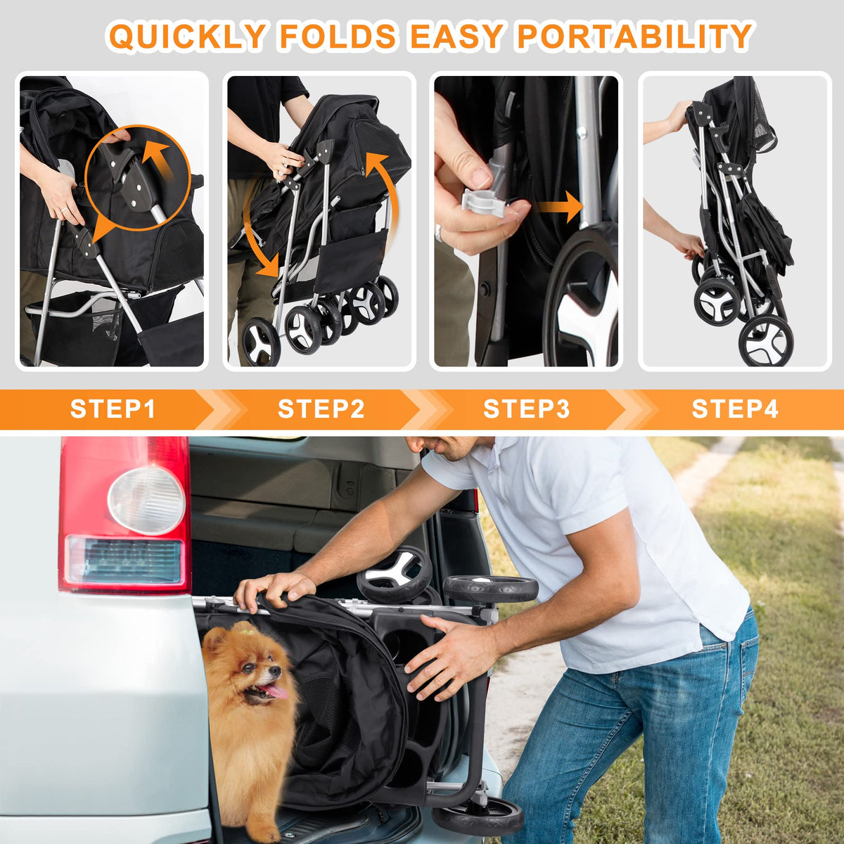4 Wheels Foldable Pet Stroller with Storage Basket and Cup Holder B56887