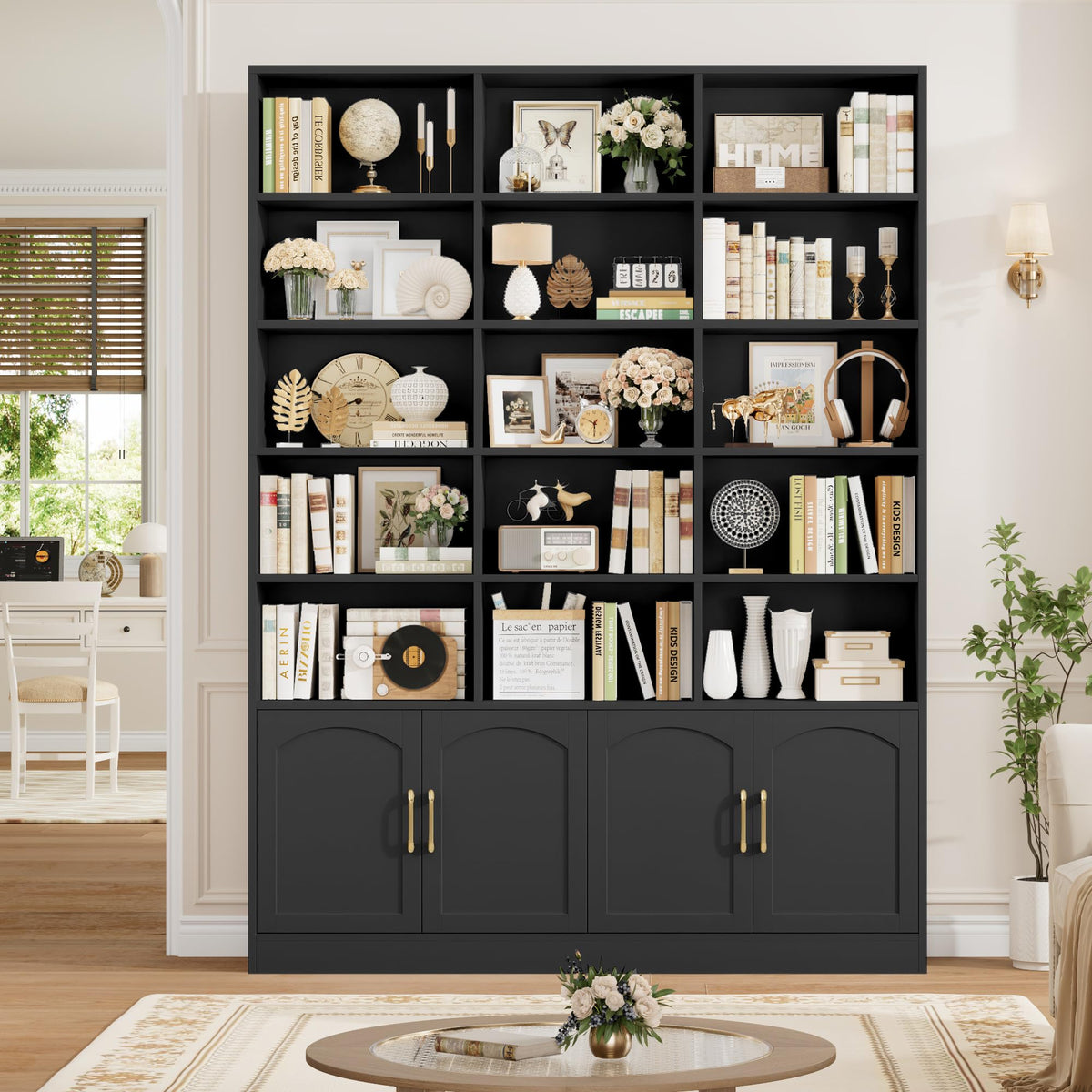 82.3" Triple Wide Bookshelf with 4 Doors, Black A367122