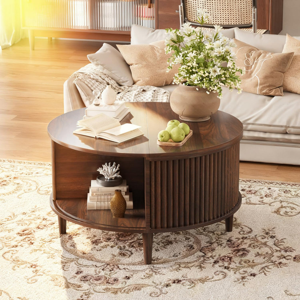 Lift Top Coffee Table with Storage, Fluted Round Center Table with Sliding Cabinet Door, Walnut M41356