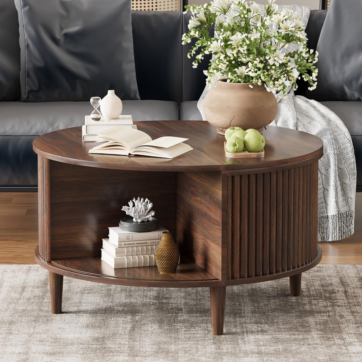 Lift Top Coffee Table with Storage, Fluted Round Center Table with Sliding Cabinet Door, Walnut M41356