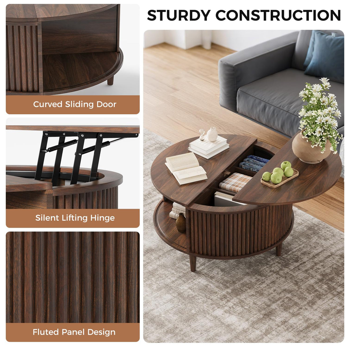 Lift Top Coffee Table with Storage, Fluted Round Center Table with Sliding Cabinet Door, Walnut M41356