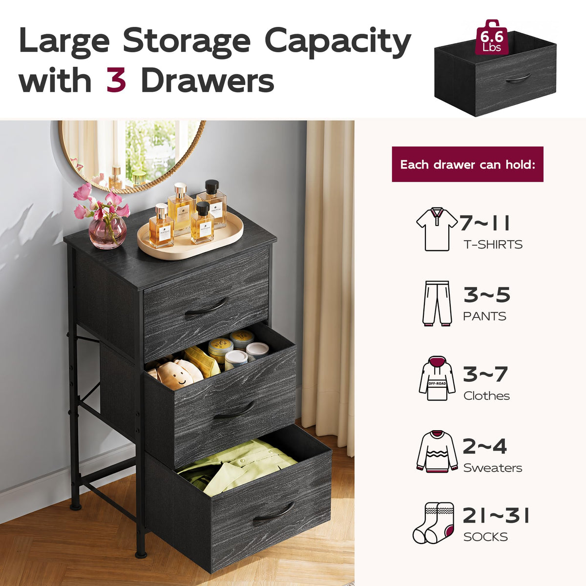 Black 3 Drawer Wood Dresser V177