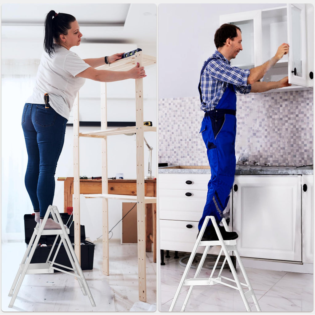 2 Step Folding Steel Ladder 330lbs Capacity White S5814