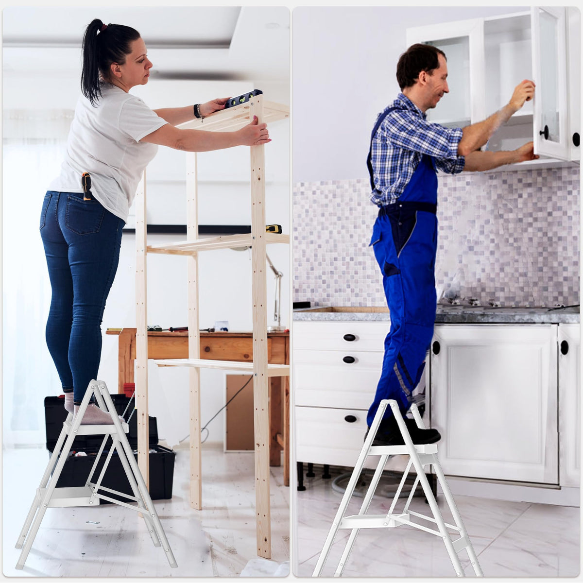 2 Step Folding Steel Ladder 330lbs Capacity White S5814