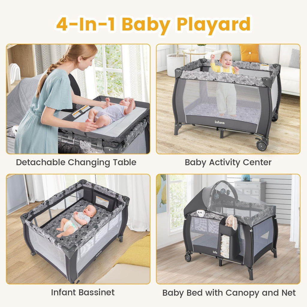 4 in 1 Pack and Play with Bassinet, Changing Table, Storage Basket B114202