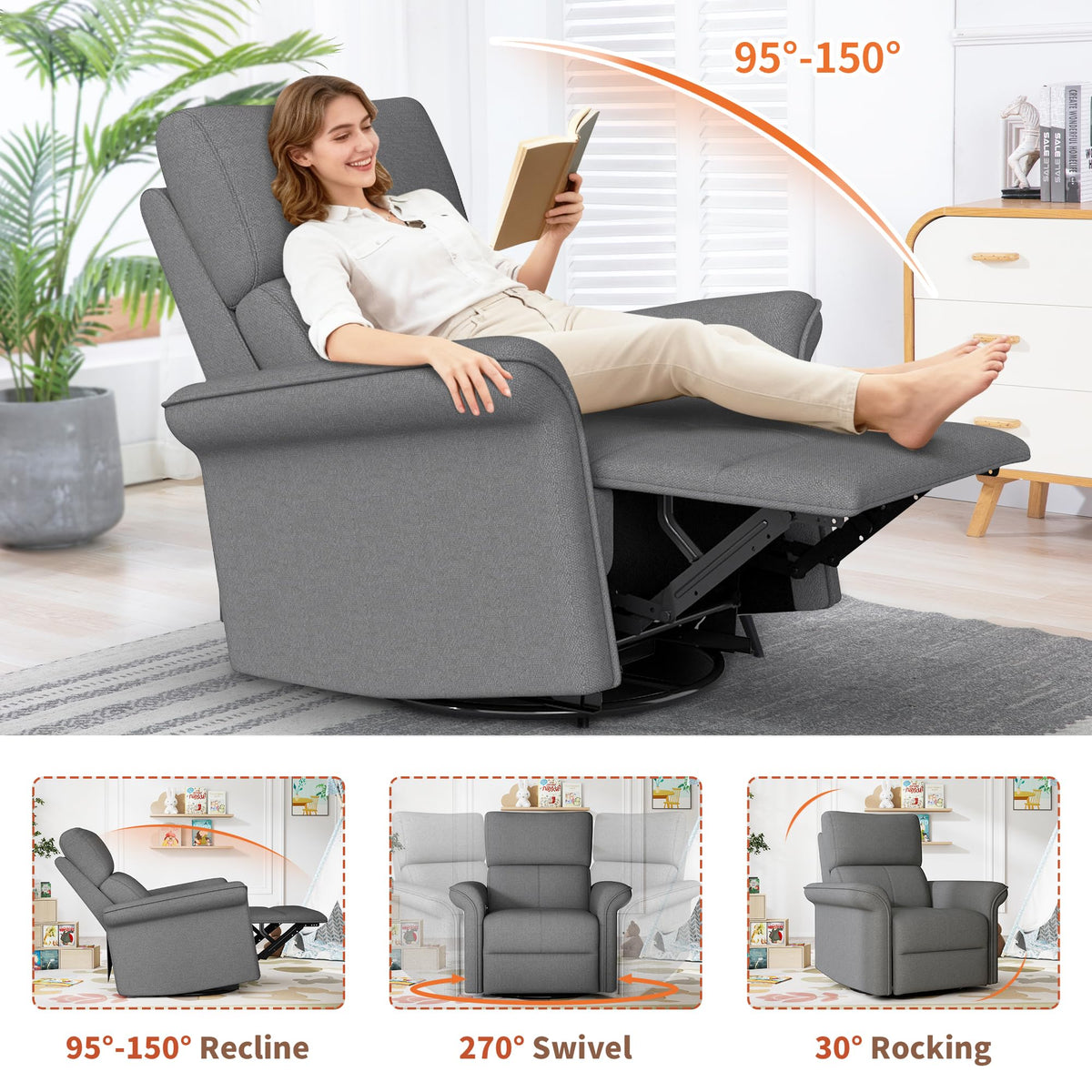 Velvet Grey Swivel Rocker Recliner Chair E4305