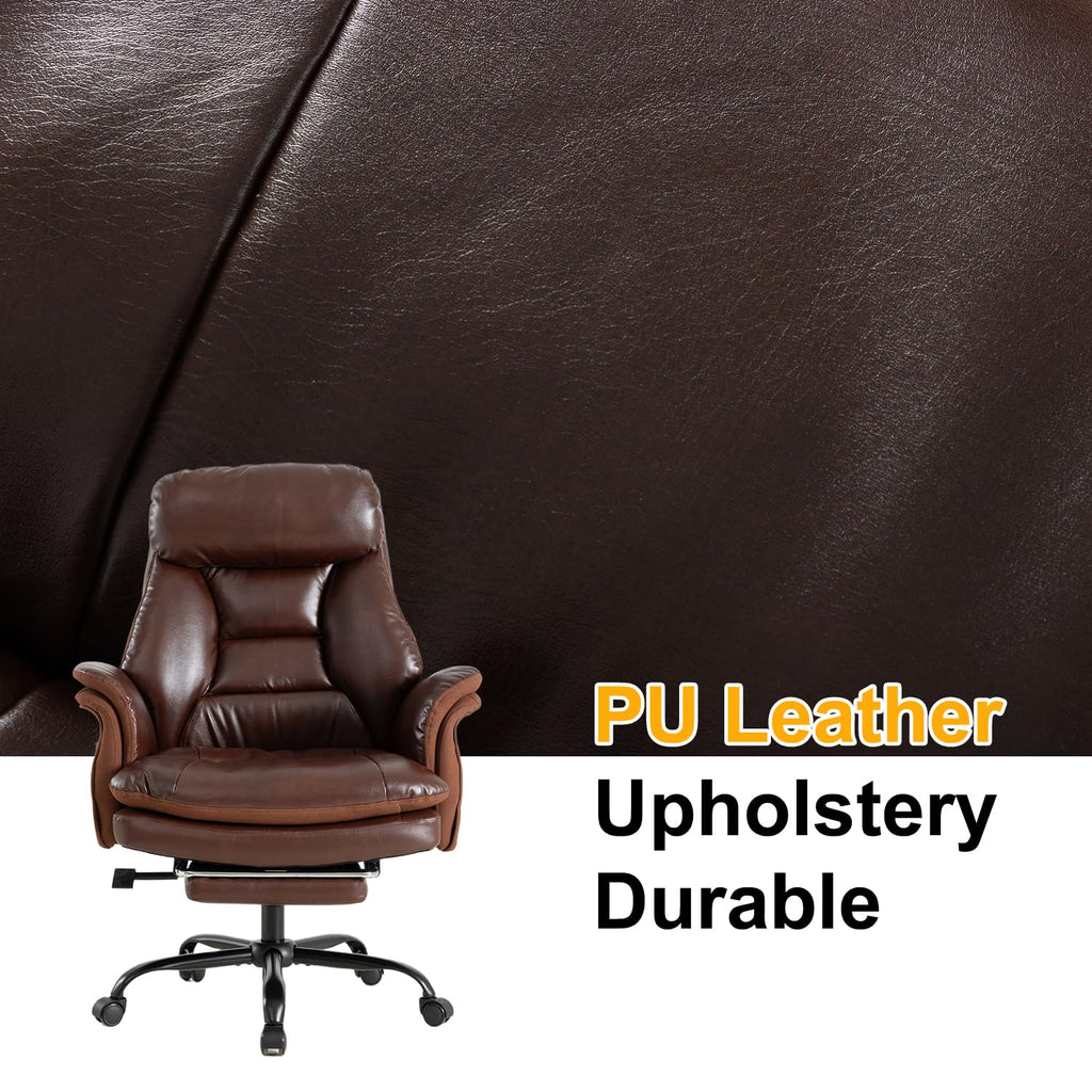 600lbs Big and Tall Brown Leather Office Chair with Footrest J527106